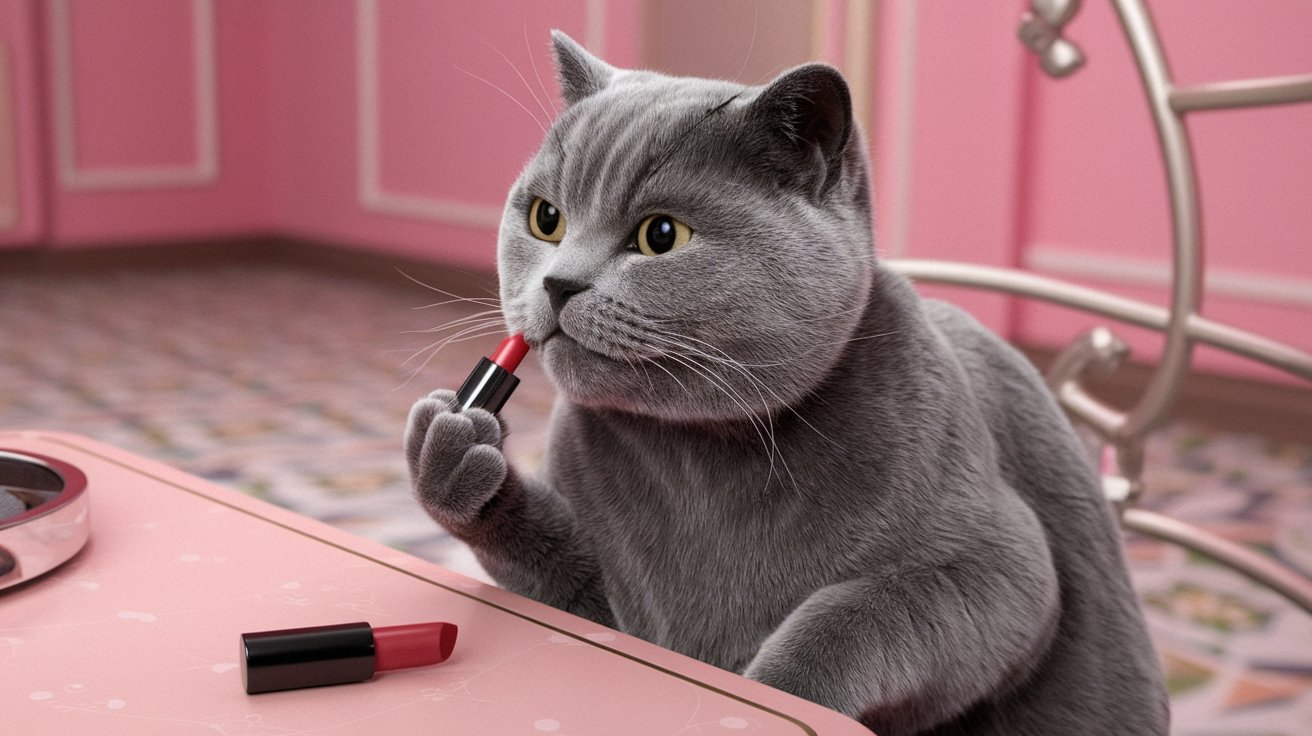 gray cat putting lipstick GIF